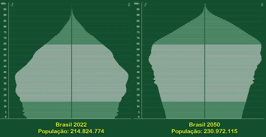 Pirâmides etárias do Brasil em 2022 e 2050